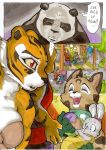  2014 anthro better_late_than_never chinese_mountain_cat comic daigaijin dialogue domestic_pig dreamworks english_text felid feline felis female flashback fur giant_panda group happy kung_fu_panda lagomorph leporid male mammal master_po_ping master_tigress multicolored_body multicolored_fur painting_(artwork) pantherine rabbit smile speech_bubble student_mei_ling suid suina sus_(pig) text tiger traditional_media_(artwork) ursid watercolor_(artwork) 