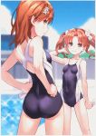  2girls :3 absurdres ass bangs bare_arms bare_shoulders black_swimsuit blue_sky blurry blurry_background blush bow breasts brown_hair closed_mouth cloud collarbone covered_navel day depth_of_field eyebrows_visible_through_hair hair_bow hand_up hands_on_hips highres misaka_mikoto multiple_girls one-piece_swimsuit outdoors parted_bangs raika9 red_eyes scan shirai_kuroko sky small_breasts swimsuit to_aru_kagaku_no_railgun to_aru_majutsu_no_index twintails water white_bow 