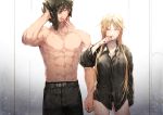  1boy 1girl abs arm_at_side bangs black_hair black_panties black_pants black_shirt blonde_hair breasts brushing_teeth closed_eyes collared_shirt cowboy_shot dress_shirt dripping drying drying_hair facial_hair facing_viewer genderswap genderswap_(mtf) hand_up holding izumi_kouhei long_hair messy_hair mirror mouth_hold no_pants one_eye_covered panties pants partially_unbuttoned pepper_fever reflection shirt shirtless side-by-side solo standing stubble tachikawa_kei towel underwear wet wet_hair world_trigger 
