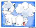  all_fours alolan_vulpix animal_genitalia animal_penis backsack balls black_nose blue_eyes blue_markings blush butt canine_penis censored ears_up feral fluffy fluffy_tail fur kemono knot leg_markings looking_back male markings mosaic_censorship multi_tail nintendo penis pok&eacute;mon pok&eacute;mon_(species) red_penis regional_variant snout socks_(marking) solo sunny_(artist) video_games white_body white_fur 