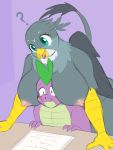 ? anthro anthro_on_anthro avian blood bodily_fluids breasts dragon duo feathers female friendship_is_magic gabby_(mlp) grey_body grey_feathers gryphon hi_res lurking_tyger male my_little_pony nosebleed purple_body purple_scales scales school spike_(mlp) young 