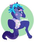  anthro blue_hair bow_tie breasts canid canine diaper female hair looking_at_viewer mammal overnights pacifier seamen simple_background tykables 