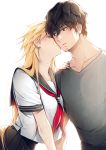  1boy 1girl bangs bare_arms black_eyes black_hair black_skirt blonde_hair breast_press breasts cheek_kiss couple facial_hair genderswap genderswap_(mtf) hand_on_another&#039;s_shoulder hetero izumi_kouhei kiss leaning_forward leaning_on_person long_hair looking_at_another neckerchief pepper_fever pleated_skirt red_neckwear school_uniform serafuku shirt short_sleeves sideways_glance simple_background skirt stubble t-shirt tachikawa_kei upper_body very_long_hair white_background world_trigger 