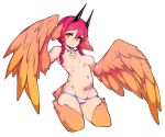 avian breasts clothed clothing feathered_wings feathers female hair harpy hi_res horn horned_humanoid humanoid nipples panties red_hair simple_background slugbox solo topless underwear white_background winged_arms winged_humanoid wings 