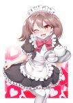  1girl alternate_costume apron black_dress blush brown_eyes brown_hair cup dress enmaided fang frilled_apron frilled_dress frilled_sleeves frills heart heart_background highres kantai_collection kirigakure_(kirigakure_tantei_jimusho) maid maid_headdress neck_ribbon one_eye_closed open_mouth outline pleated_dress puffy_short_sleeves puffy_sleeves ribbon ryuujou_(kantai_collection) saucer short_sleeves skirt_hold smile solo teacup teapot thighhighs tray 