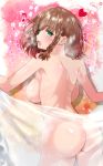  1girl ass braid breasts brown_hair charlotte_corday_(fate/grand_order) fate/grand_order fate_(series) from_behind green_eyes heart highres large_breasts muni_nuren musical_note nude signature steam towel 