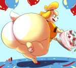  2019 animal_crossing anthro balloon big_butt blonde_hair bottomless breasts butt cake canid canine canis clothed clothing domestic_dog female food fur hair hi_res hoodah huge_butt hyper hyper_butt isabelle_(animal_crossing) mammal nintendo open_mouth pawpads shih_tzu solo toy_dog video_games yellow_body yellow_fur 