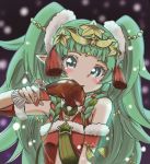  1girl eating fire_emblem fire_emblem:_three_houses fire_emblem_heroes food green_eyes green_hair hahe hair_ornament highres long_hair meat santa_costume snow sothis_(fire_emblem) star star_hair_ornament very_long_hair 