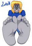  5_toes angry anthro blonde_hair byzuko canid canine feet female fiona_(sorcererlance) foot_focus fox green_eyes hair hi_res humanoid_feet mammal plantigrade soles solo toes 