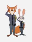  2016 anthro barefoot belt bottomwear canid canine cheek_tuft clothing disney duo facial_tuft fox front_view fur gesture grey_body grey_fur inner_ear_fluff judy_hopps kechooooo lagomorph leporid mammal necktie nick_wilde orange_body orange_fur pants police_uniform purple_eyes rabbit red_fox salute shirt simple_background standing toeless_legwear topwear tuft uniform white_background white_body white_fur zootopia 