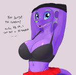  2019 anthro big_breasts blue_eyes booponies bottomwear bra breasts clothing english_text fangs female hi_res looking_at_viewer miniskirt reptile scalie skirt smile snake snuh_(booponies) snuh_ake&#039;uh_(booponies) solo text thong underwear undressing 