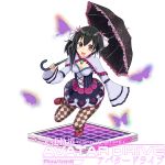  1girl asymmetrical_hair bangs black_hair breasts brown_eyes bug butterfly checkered checkered_legwear cleavage copyright_name hair_ornament holding holding_umbrella insect kousoku_kidou_avatar_drive long_sleeves looking_at_viewer official_art okutomi_fumi open_mouth oversized_clothes platform purple_butterfly red_footwear short_hair standing standing_on_one_leg umbrella white_background 