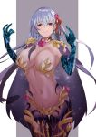  1girl absurdres armlet armor bangs bikini_armor blush border breasts cleavage fate/grand_order fate_(series) flower grey_background hair_ribbon hands_up highres jewelry kama_(fate/grand_order) large_breasts long_hair looking_at_viewer lotus musicatopos navel parted_lips red_eyes red_ribbon ribbon silver_hair smile solo thighlet white_border 