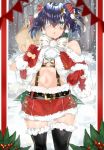  1girl :o absurdres ahoge alternate_costume bangs bare_shoulders black_legwear blue_eyes blue_hair bow capelet christmas chuunibyou_demo_koi_ga_shitai! commentary eyepatch fur_trim gloves hair_between_eyes hair_bow hair_ornament hair_ribbon highres holding kanniepan large_bow looking_at_viewer navel one_side_up open_mouth red_bow red_capelet red_gloves red_skirt ribbon santa_costume short_hair skirt snow solo star star_hair_ornament takanashi_rikka thighhighs white_bow 