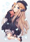  1girl abigail_williams_(fate/grand_order) bangs black_bow black_dress black_footwear black_headwear blonde_hair blue_eyes blush bow bug butterfly closed_mouth dress fate/grand_order fate_(series) forehead hair_bow highres insect long_hair looking_at_viewer multiple_bows object_hug orange_bow parted_bangs polka_dot polka_dot_bow sleeves_past_fingers sleeves_past_wrists smile solo stuffed_animal stuffed_toy teddy_bear white_bloomers y3010607 
