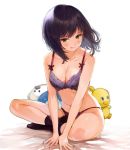  1girl :q aki_(mare_desiderii) bangs bare_arms bare_shoulders black_legwear blush bra breasts brown_eyes collarbone large_breasts lingerie looking_at_viewer navel original panties purple_bra purple_hair purple_panties saliva short_hair sidelocks sitting socks solo stomach stuffed_animal stuffed_toy thighs tongue tongue_out underwear underwear_only 