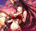  1girl akagi_(azur_lane) akagi_(paradise_amaryllis)_(azur_lane) alternate_costume alternate_hairstyle animal_ear_fluff animal_ears azur_lane bangs bare_shoulders belly_chain bikini black_scrunchie blush bracelet breasts brown_hair cleavage cowboy_shot eyebrows_visible_through_hair eyeliner floating_hair flower fox_ears fox_tail hair_flower hair_ornament hand_up highleg highleg_bikini highres jewelry large_breasts long_hair looking_at_viewer makeup multiple_tails navel official_art parted_lips ponytail red_bikini red_eyes red_nails red_sarong ribbon sakiyamama sarong scrunchie smile solo stomach swimsuit tail very_long_hair wrist_ribbon wrist_scrunchie 