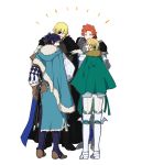  1girl 3boys 9jsleep armor black_hair blonde_hair brown_gloves cape dimitri_alexandre_blaiddyd eyepatch felix_hugo_fraldarius fire_emblem fire_emblem:_three_houses from_behind fur_trim gloves green_cape highres ingrid_brandl_galatea long_sleeves looking_to_the_side multiple_boys open_mouth red_hair scabbard sheath sheathed short_hair simple_background sword sylvain_jose_gautier weapon white_background 