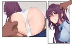  1boy 1girl alternate_costume ass bangs blue_neckwear blue_shirt blush breasts brown_legwear cameltoe clenched_teeth collared_shirt damda dark_skin dark_skinned_male eyebrows_visible_through_hair fate/grand_order fate_(series) hair_intakes hair_pull hetero large_breasts long_hair motion_lines multiple_views necktie open_mouth panties purple_hair red_eyes scathach_(fate)_(all) scathach_(fate/grand_order) shirt teeth torn_clothes torn_legwear trembling underwear very_long_hair white_panties 