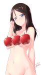  1girl apple arm_behind_back bangs black_hair blue_eyes blush breasts censored closed_mouth commentary dated food fruit girls_und_panzer groin half-closed_eyes hand_in_hair highres kuzuryuu_kennosuke large_breasts long_hair looking_at_viewer navel nonna nude simple_background solo standing swept_bangs twitter_username white_background 
