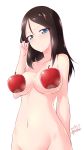  1girl apple arm_behind_back bangs black_hair blue_eyes blush breasts censored closed_mouth commentary dated food fruit girls_und_panzer groin half-closed_eyes hand_in_hair highres kuzuryuu_kennosuke large_breasts long_hair looking_at_viewer navel nonna nude simple_background solo standing swept_bangs twitter_username white_background 