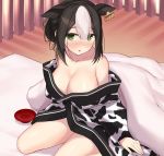  1girl :o animal_ears animal_print bangs bare_shoulders black_hair blush breasts cccpo collarbone commentary_request cow_ears cow_print cup ear_tag eyebrows_visible_through_hair futon green_eyes hair_between_eyes holstein_(cccpo) japanese_clothes kimono large_breasts long_sleeves multicolored_hair nose_blush off_shoulder on_bed original parted_lips print_kimono sakazuki seiza sidelocks sitting sleeves_past_wrists solo two-tone_hair white_hair 
