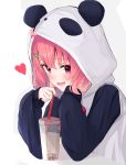  1girl absurdres animal_costume animal_ears bangs blush bubble_tea commentary_request eyebrows_visible_through_hair fake_animal_ears hair_ornament hairclip heart highres holding_drinking_straw hood hood_up keichan_(user_afpk7473) looking_at_viewer nijisanji panda_costume pink_hair sasaki_saku simple_background smile solo virtual_youtuber white_background 