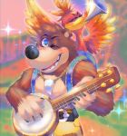  2019 avian backpack banjo-kazooie banjo_(banjo-kazooie) banjo_(instrument) black_nose blue_eyes blush bottomwear breegull brown_body brown_fur claws clothed clothing countershading duo feathers fur hi_res intsunomia jewelry kazoo kazooie looking_at_viewer mammal musical_instrument necklace one_eye_closed open_mouth plucked_string_instrument rareware red_body red_feathers shorts smile standing string_instrument teeth three-quarters_portrait tongue topless ursid video_games wind_instrument wink 