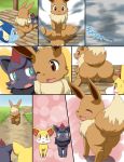  2019 anus balls blush brown_balls comic eevee eeveelution fennekin feral group hi_res koorinezumi male nintendo pok&eacute;mon pok&eacute;mon_(species) spread_legs spreading text vaporeon video_games zorua 