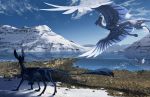  2019 absurd_res day detailed_background digital_media_(artwork) dragon duo feathered_dragon feathered_wings feathers feral flying fur furred_dragon hi_res outside sky standing turnipberry unknown_species white_body white_feathers white_fur wings 