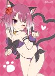  1girl ;3 animal_ears argyle argyle_background bare_shoulders bikini blush bridal_gauntlets brown_eyes brown_hair cat_ears cat_girl cat_tail character_request closed_mouth collarbone commentary_request flower front-tie_bikini front-tie_top gradient_hair hair_flower hair_ornament hand_up heart heart_tail leaning_forward looking_at_viewer mauve multicolored_hair multiple_tails navel nekomata one_eye_closed paw_pose princess_connect! princess_connect!_re:dive purple_bikini red_flower side-tie_bikini solo strapless strapless_bikini swimsuit tail twitter_username two_tails white_hair 