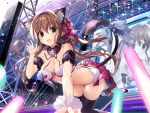  1girl :o animal_ear_fluff animal_ears bare_shoulders bell bent_over black_legwear blue_bow bow breasts brown_eyes brown_hair cat_ears cat_girl cat_tail cleavage commentary_request detached_collar detached_sleeves floating_hair glowstick hand_up idol jingle_bell karory long_hair looking_at_viewer medium_breasts open_mouth original pink_bow revealing_clothes solo stage stage_lights stomach tail tail_bow thighhighs thighs 