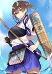  1girl black_legwear blue_hakama bow_(weapon) brown_eyes brown_hair eyebrows_visible_through_hair flight_deck gloves hair_between_eyes hakama hakama_skirt highres holding holding_bow_(weapon) holding_weapon japanese_clothes kaga_(kantai_collection) kantai_collection muneate ocean onineko-chan partly_fingerless_gloves short_hair side_ponytail solo tasuki thighhighs weapon yugake yumi_(bow) 