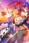  2girls apple_caramel bare_shoulders black_gloves black_legwear blue_eyes bow breasts candy chibi cleavage elbow_gloves fate/grand_order fate_(series) food frills garter_straps ghost gloves hair_bow lollipop long_hair multiple_girls orange_bow orange_eyes orange_hair pink_hair pointy_ears pumpkin red_gloves small_breasts smile thighhighs two-tone_gloves wrapped_candy 