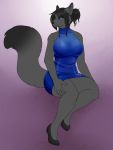  5_fingers ajna big_breasts black_body black_fur black_hair blue_eyes breasts canid canine clothed clothing dress female fingers fluffy fluffy_tail fox fur hair hi_res irvina_(hbkgames) mammal sitting solo tight_clothing 