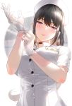  1girl adjusting_clothes adjusting_gloves bangs black_choker black_hair blush breasts buttons choker closed_mouth dress gloves half-closed_eyes hat highres kfr large_breasts long_hair looking_at_viewer name_tag nurse nurse_cap original purple_eyes short_sleeves sidelocks smile solo tareme upper_body white_dress white_gloves white_headwear 