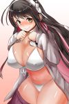  1girl 51_(akiduki) absurdres bikini black_hair blush breasts cleavage embarrassed hair_down hair_ribbon hairband highres kantai_collection large_breasts long_hair long_sleeves looking_at_viewer multicolored_hair naganami_(kantai_collection) open_clothes open_shirt pink_hair remodel_(kantai_collection) ribbon school_uniform shiny shiny_skin shirt skirt solo swimsuit two-tone_hair wavy_hair white_bikini white_hairband yellow_eyes 