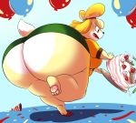  2019 animal_crossing anthro balloon big_butt blonde_hair bottomwear breasts butt cake canid canine canis clothed clothing domestic_dog female food fur hair hi_res hoodah huge_butt hyper hyper_butt isabelle_(animal_crossing) mammal nintendo open_mouth pawpads shih_tzu skirt solo toy_dog video_games yellow_body yellow_fur 