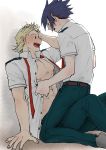  2boys amajiki_tamaki assisted_exposure black_hair blonde_hair blue_eyes blush boku_no_hero_academia collared_shirt looking_at_another male_focus multiple_boys muscle necktie open_mouth pointy_ears school_uniform shirt sitting sitting_on_lap sitting_on_person smile straddling tama4664amat toogata_mirio u.a._school_uniform undressing upright_straddle yaoi 