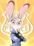  anthro clothed clothing crossed_arms dipstick_ears disney fur grey_body grey_fur half-length_portrait judy_hopps lagomorph leporid looking_at_viewer mammal mikesan1014 multicolored_ears pink_nose police_uniform portrait purple_eyes rabbit smile solo uniform zootopia 