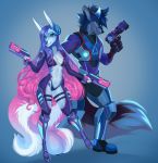  5_fingers anthro blue_hair canid canine clothed clothing demon eyebrows eyelashes female fingers fox hair heterochromia holding_gun holding_object holding_weapon hybrid male mammal sorafoxyteils weapon 