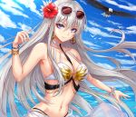  1girl alternate_costume azur_lane bangs bare_shoulders between_breasts bikini bird blush bracelet breasts choker eagle earrings enterprise_(azur_lane) eyebrows_visible_through_hair eyewear_on_head floating_hair flower gold gold_trim grey-framed_eyewear grey_nails hair_flower hair_ornament hibiscus highres hoop_earrings jewelry large_breasts long_hair looking_at_viewer navel o-ring o-ring_bikini official_art pearl_(gemstone) pearl_bracelet purple_eyes sakiyamama sarong scrunchie see-through sidelocks silver_hair solo stomach sunglasses swimsuit tinted_eyewear translucent_sarong very_long_hair white_scrunchie wrist_scrunchie 