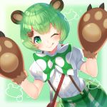  &gt;_o 1girl ;p animal_ears animare bag bangs bear_ears bear_hair_ornament blush bow brown_gloves center_frills closed_mouth collared_shirt dutch_angle eyebrows_visible_through_hair frills fur-trimmed_gloves fur_trim gloves green_bow green_eyes green_hair green_skirt hair_ornament hairclip hands_up highres hinokuma_ran kokka_han one_eye_closed paw_gloves paws plaid plaid_skirt polka_dot polka_dot_bow puffy_short_sleeves puffy_sleeves shirt short_sleeves shoulder_bag skirt smile solo suspender_skirt suspenders tongue tongue_out v-shaped_eyebrows virtual_youtuber white_shirt 