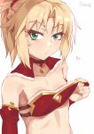  1girl artist_name bangs bare_shoulders bell blonde_hair blush breasts collarbone commentary darahan eyebrows_visible_through_hair fate/apocrypha fate/grand_order fate_(series) green_eyes hair_ornament hair_scrunchie jewelry long_hair mordred_(fate) mordred_(fate)_(all) ponytail red_scrunchie ring scrunchie simple_background small_breasts solo upper_body white_background 