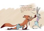  anthro barefoot blush bottomwear boxers_(clothing) brown_body brown_fur canid canine clothed clothing dipstick_ears dipstick_tail disney drunk duo fox fully_clothed fur gloves_(marking) grey_body grey_fur judy_hopps lagomorph leg_markings leporid mammal markings multicolored_ears multicolored_tail necktie nick_wilde pants rabbit red_fox shirt socks_(marking) substance_intoxication tank_top thearonaut topless topwear underwear walking zootopia 