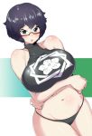  1girl bangs black_eyes black_hair black_panties black_shirt blush breast_hold breasts crop_top crossed_arms dutch_angle girls_und_panzer glasses halter_top halterneck highres huge_breasts messy_hair midriff navel no_pants open_mouth oryou_(girls_und_panzer) panties print_shirt red-framed_eyewear sasaki_tatsuya semi-rimless_eyewear shirt short_hair skindentation solo under-rim_eyewear underwear 