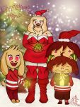  2019 adamayster anthro asriel_dreemurr big_breasts bovid breasts caprine chara_(undertale) christmas cleavage clothed clothing female gift glowing goat hair hi_res holidays horn humanoid mammal nipple_outline protagonist_(undertale) red_eyes simple_background smile toriel undertale video_games x-mas 