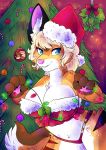  2019 absurd_res anthro big_breasts bow breasts candy candy_cane canid canine christmas christmas_lights christmas_tree cleavage clothed clothing crop_top digital_media_(artwork) female fiona_sterling food fox fur hair hat headgear headwear hi_res holidays iroxykun looking_at_viewer mammal mistletoe ornaments panties pawpads paws plant red_fox shirt smile solo thick_thighs topwear tree underwear 