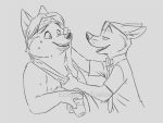  2019 4:3 anthro bedroom_eyes belly beverage big_belly bodily_fluids canid canine cleaning clothed clothing cup disney duo eclipsewolf eyewear fox fur gideon_grey hair male male/male mammal monochrome narrowed_eyes necktie nick_wilde overweight seductive shirt sunglasses sweat topless topwear towel zootopia 