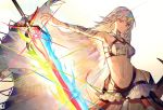  1girl altera_(fate) dark_skin energy_sword fate/grand_order fate_(series) glowing glowing_weapon highres midriff navel nozaki_tsubata photon_ray red_eyes sword veil weapon white_hair 